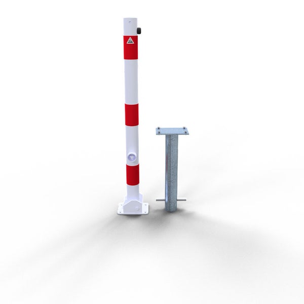 Schake Absperrpfosten umlegbar zum Einbetonieren aus Stahlrohr verzinkt Ø60x2,5mm weiß mit rot reflektierenden Leuchtstreifen, Dreikantverschluss und Stahlkappe 900mm Überflur