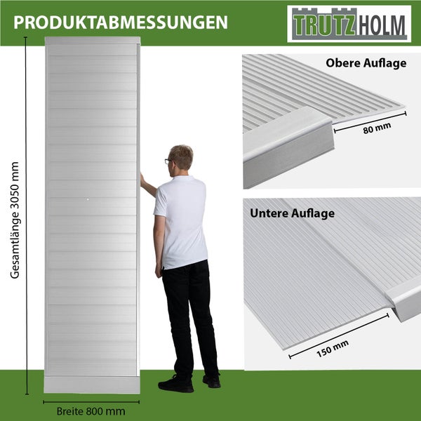 Produktabbildung mit den Maßen: Gesamtlänge 3050 mm, Breite 800 mm, obere Auflage 80 mm, untere Auflage 150 mm, Trutz Holm Logo