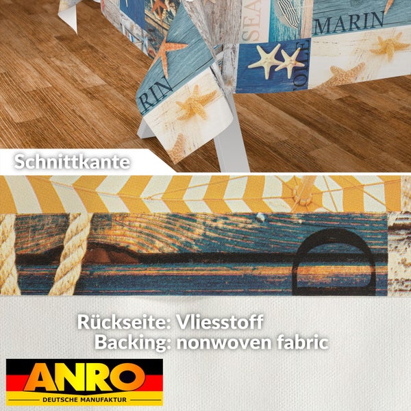 Tischdecke mit Meeresmotiven, Rückseite aus Vliesstoff und Schnittkante. ANRO Logo.