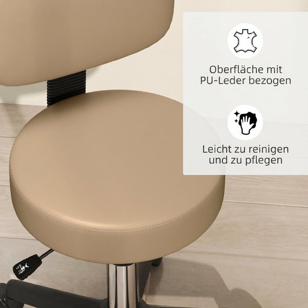Detailansicht eines Rollhockers mit Polyurethan-Leder-Oberfläche, leicht zu reinigen und zu pflegen.