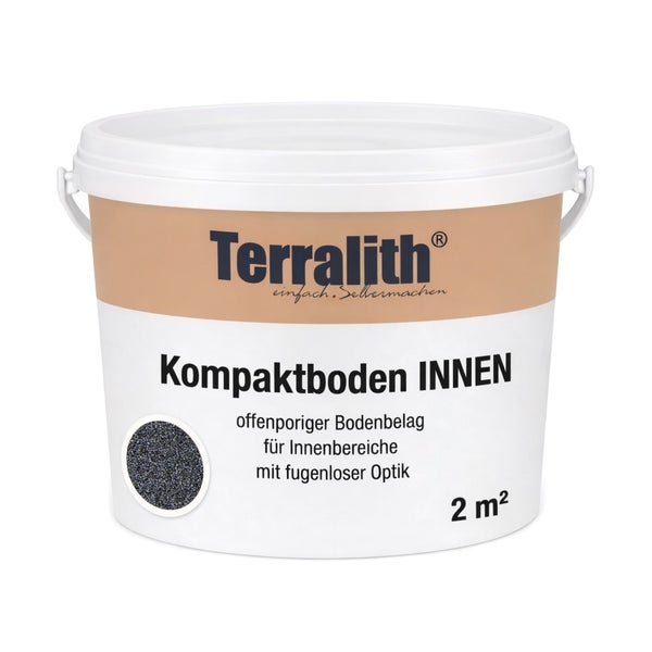 Terralith Kompaktboden Innen, offenporiger Bodenbelag für 2 Quadratmeter im weißen Eimer.
