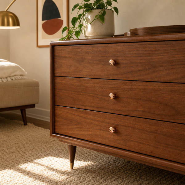 Holzkommode mit drei Schubladen und runden Metallknöpfen im Mid-Century-Stil, in einem hellen Raum mit Teppich und Pflanze.