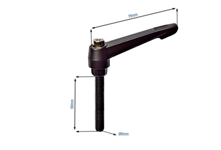 Verstellbarer Klemmhebel mit 75 Millimeter Hebellänge und 50 Millimeter langem Gewindestift mit 8 Millimeter Durchmesser.