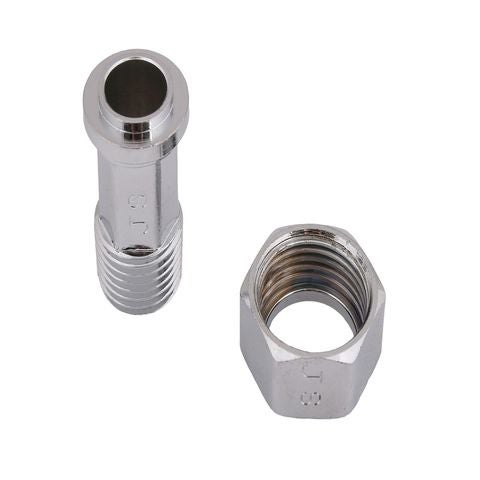 Verchromtes Set bestehend aus einer Verschraubung und einer Sechskantmutter für Sanitärinstallationen.