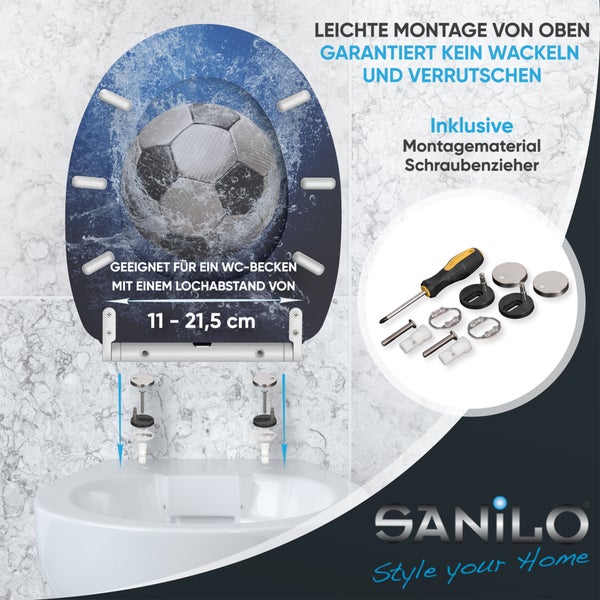 Sanilo WC Sitz mit Fußball Motiv, Montage von oben, inklusives Befestigungsmaterial und Schraubendreher, Lochabstand 11 bis 21,5 Zentimeter.