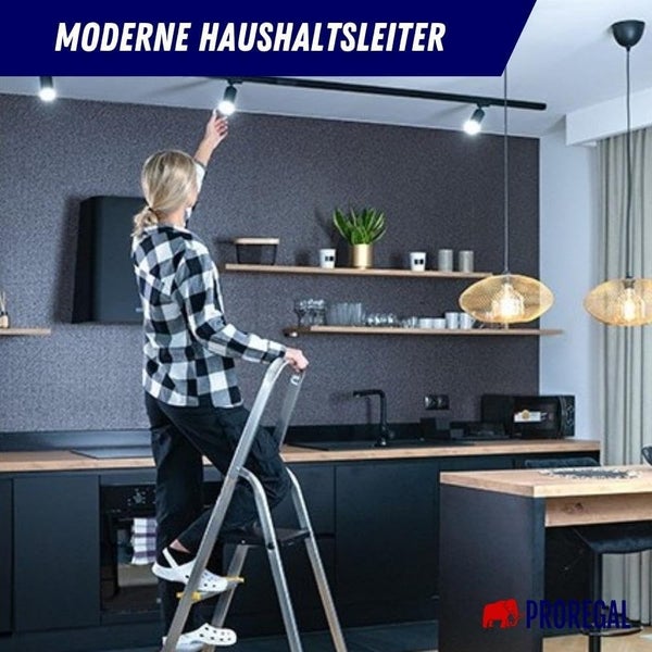 PROREGAL Stufenstehleiter ATLAS mit Werkzeugablage & Handlauf Einseitig Begehbar 6 Stufen Arbeitshöhe 3,19 m Traglast 150 kg