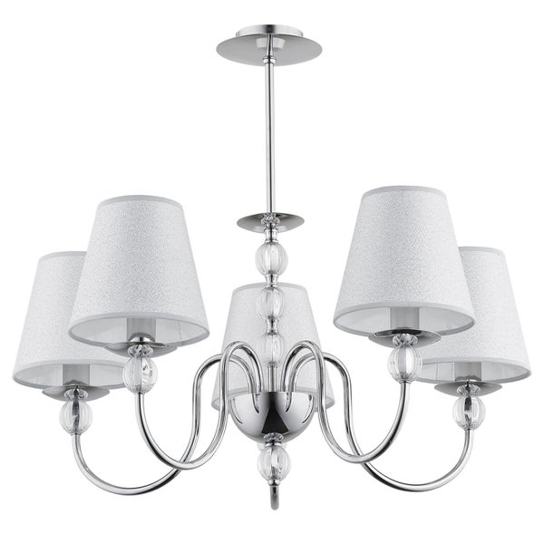 Fünfflammiger Kronleuchter aus Metall mit Kristallglasdetails und fünf textilen Lampenschirmen für eine elegante Innenbeleuchtung.