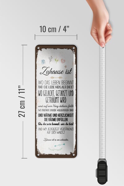 Blechschild Spruch Zuhause ist wo das Leben beginnt 10x27cm