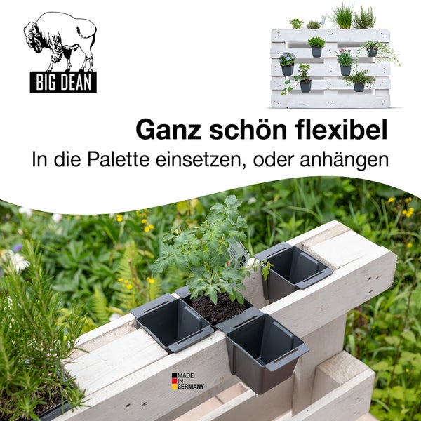 BigDean 8er Set Mini Paletten Blumenkästen - Einsatz - mit Hängesystem zum Einhängen - 10cm klein anthrazit - Pflanzkasten für Europalette Balkonkasten Blumentopf - aus recyceltem PP-Kunststoff