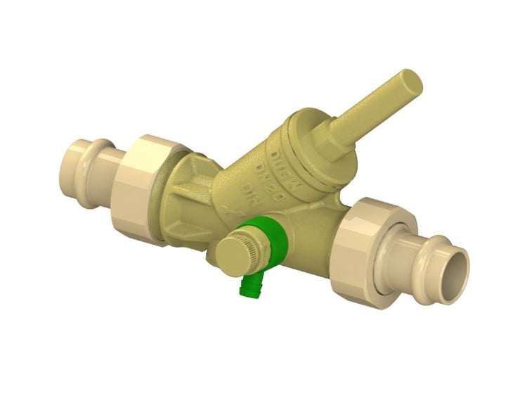 Schrägsitzventil aus Messing mit Pressanschluss, Nenndurchmesser 20, inklusive Entleerungsventil.