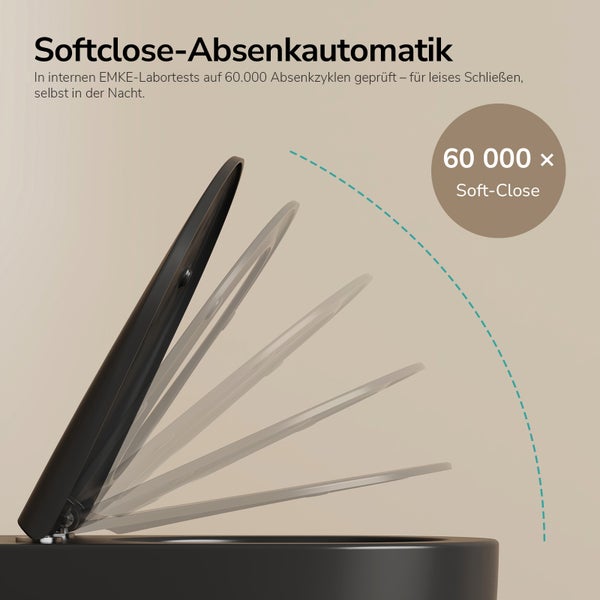 Toilettensitz mit Softclose Absenkautomatik und grafischer Darstellung der Schließbewegung für 60000 Testzyklen.