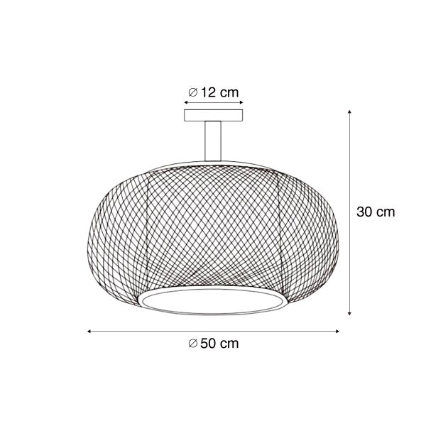 Maßzeichnung Deckenleuchte mit Gitterschirm, Durchmesser 50 Zentimeter, Höhe 30 Zentimeter, Baldachin Durchmesser 12 Zentimeter