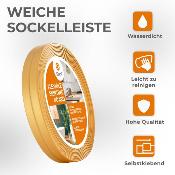 Weiche, selbstklebende Sockelleiste von Quest als Rolle. Wasserfest, pflegeleicht und von hoher Qualität für eine einfache Montage.