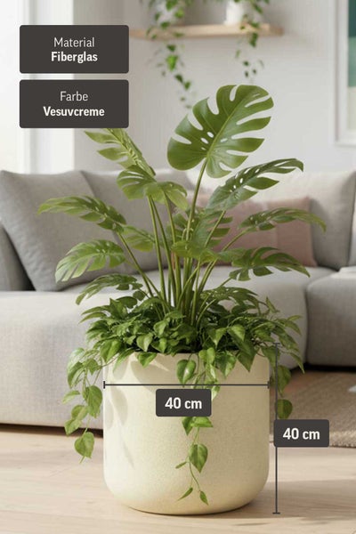 Rundes Pflanzgefäß aus Fiberglas, 40 Zentimeter Durchmesser und Höhe, in einem hellen Wohnzimmer mit einer Monstera Pflanze.