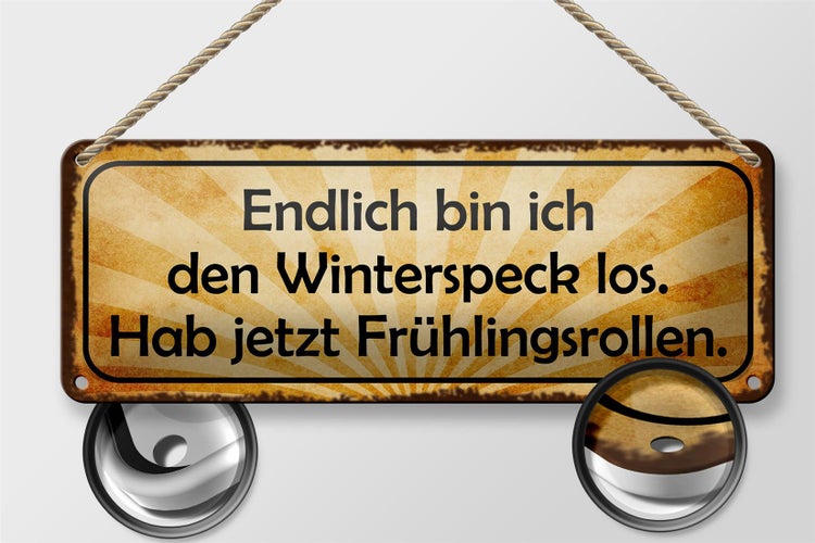 Blechschild Spruch 27x10cm bin den Winterspeck los hab jetzt Frühlingsrollen