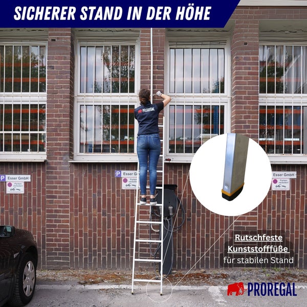 Frau steigt auf einer Leiter vor einem Gebäude, Proregal Logo