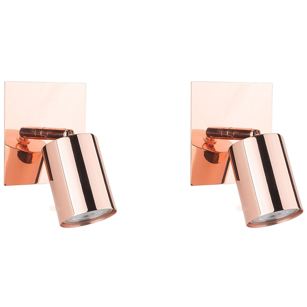 Set aus zwei Wandstrahlern aus Metall in Kupferoptik mit verstellbaren zylindrischen Köpfen und quadratischen Wandplatten.