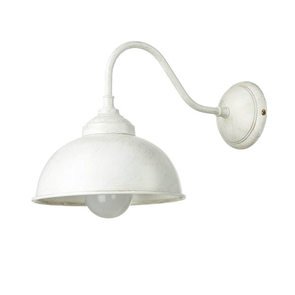 Weiße Wandleuchte mit gebogenem Arm und halbkugelförmigem Schirm