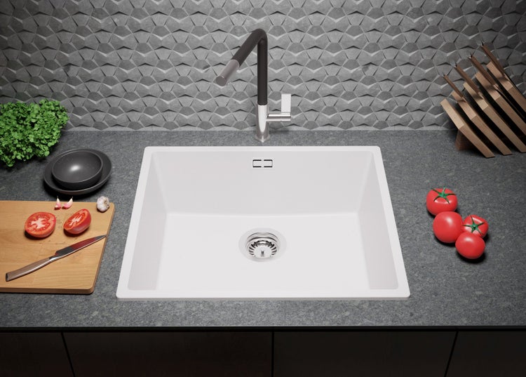 PRIMAGRAN Spülbecken Alles Weiß 56x47cm, Granitspüle 1 Becken + Ablauf-Set, Küchenspüle ab 60er Unterschrank - London Slim