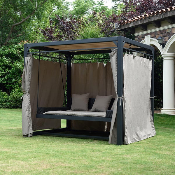 Home Deluxe - Gartenliege - PROVENCE, Maße: ca. 236 x 180 x 210 cm, Schwebendes Rattanbett inkl. Vorhänge und Schiebedach I Hollywoodschaukel Sonnenliege Schaukelliege