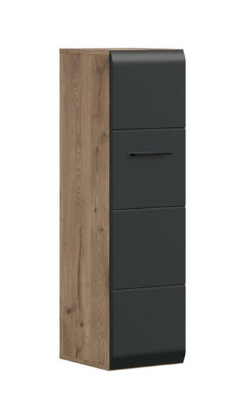 Hochschrank fürs Badezimmer mit Korpus in Eichen-Optik und anthrazitfarbener Front mit schwarzem Griff.