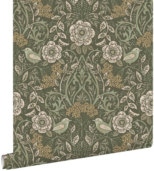 ESTAhome Tapete Blumen und Vögel Dunkelgrün - 53 cm x 10.05 m - 139831
