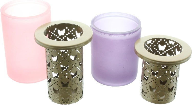 Dekoleidenschaft 2x Teelichthalter Schmetterling aus Glas, Violett & Rosa, 12 + 14 cm hoch, Windlichtglas, Teelichtglas