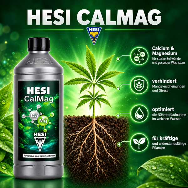 Hesi CalMag Pflanzennährstoff mit Calcium und Magnesium zur Optimierung der Nährstoffaufnahme und Stärkung der Zellwände für gesunde Pflanzen.