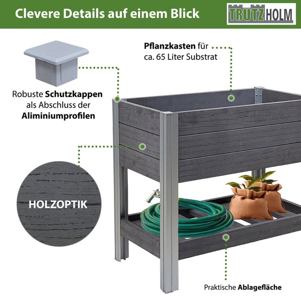 Hochbeet mit Ablage 79x46x74 cm 65 Liter Holzoptik robust witterungsbeständig Kräuterbeet Anthrazit