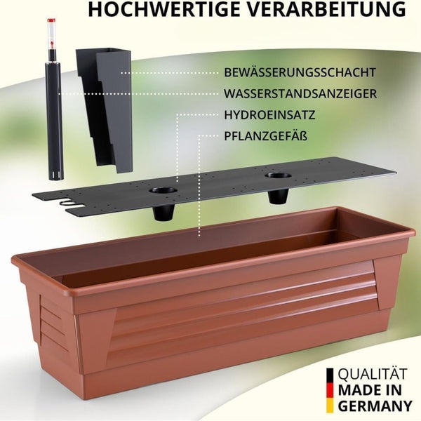 Explosionszeichnung eines Blumenkastens mit Bewässerungssystem, bestehend aus Pflanzgefäß, Hydroeinsatz, Wasserstandsanzeiger und Bewässerungsschacht.