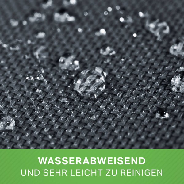 Strukturierte wasserabweisende Textiloberfläche mit Wassertropfen und Hinweis zur einfachen Reinigung