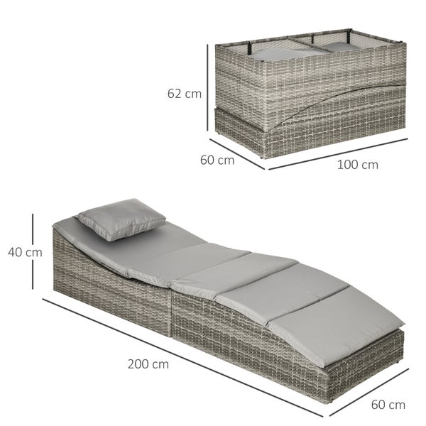 Outsunny Sonnenliege, 2-in-1 Polyrattan Gartenliege mit Polsterauflage, 5 Stufen verstellbar, klappbar,  200 x 60 x 40 cm, Stahl, PE Rattan, Polyester, Hellgrau