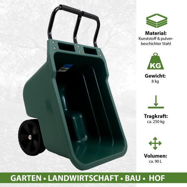 Grüne Schubkarre aus Kunststoff und pulverbeschichtetem Stahl mit einem Volumen von circa 90 Litern und einer Tragkraft von circa 250 Kilogramm.