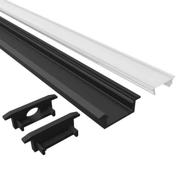 TIVENDIS Led Alu Profil 2 m EF2schwarz Komplett Set für Strip / Streifen bis 12 mm breit | Abdeckung satiniert milchig, Endkappen |  Einbau Fußleisten Flachprofil pulverbeschichtet