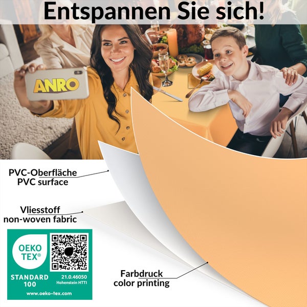 Familie am Esstisch mit PVC-Tischdecke, Materialdetails und Öko-Tex Standard 100 Siegel