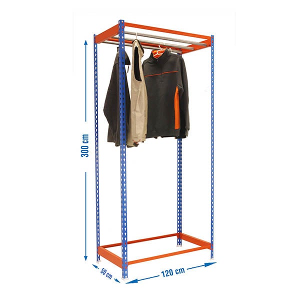 PROREGAL Kleiderstangenregal Metal Einzel HxBxT 300 x 120 x 50 cm Blau/Orange Kleiderständer Garderobe Klamottenregal Stangenregal Regal