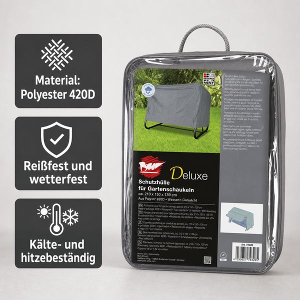 Schutzhülle für Gartenschaukeln aus Polyester 420D, wasserdicht, reißfest, wetterfest, 210 x 150 x 139 cm, in transparenter Tragetasche.