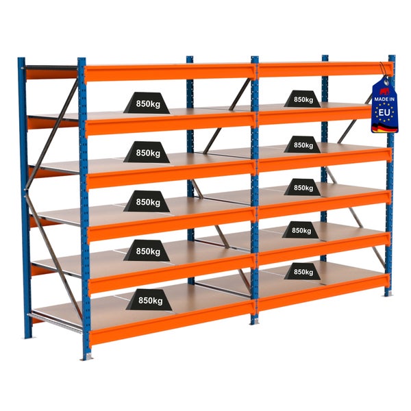 Schwerlastregal mit mehreren Ebenen und einer Traglast von 850 Kilogramm, Hergestellt in der Europäischen Union.