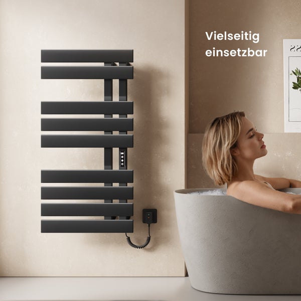 EMKE Elektrischer Badheizkörper 100x50 cm, Design-Handtuchheizkörper mit LCD-Display, Thermostat, Timer, Temperaturregelung, WiFi & App-Steuerung, 600W, Flachheizkörper für Bad, Matt Schwarz, Anschluss rechts