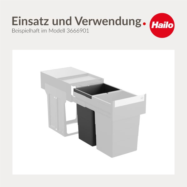 Abfallsystem von Hailo zur Veranschaulichung der Verwendung mit verschiedenen Eimern und Auszugsystem, inklusive Hailo Logo.