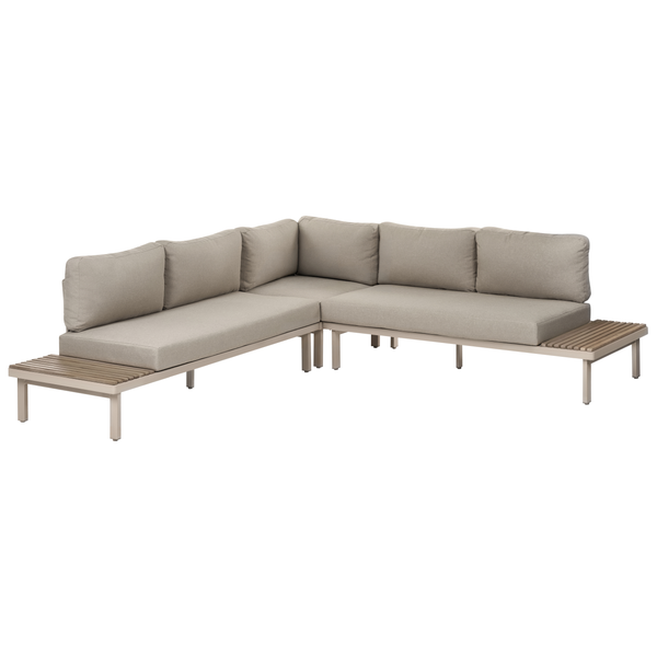 Ecksofa für den Außenbereich mit Metallrahmen und integrierten Ablageflächen sowie bequemen Sitz- und Rückenpolstern.