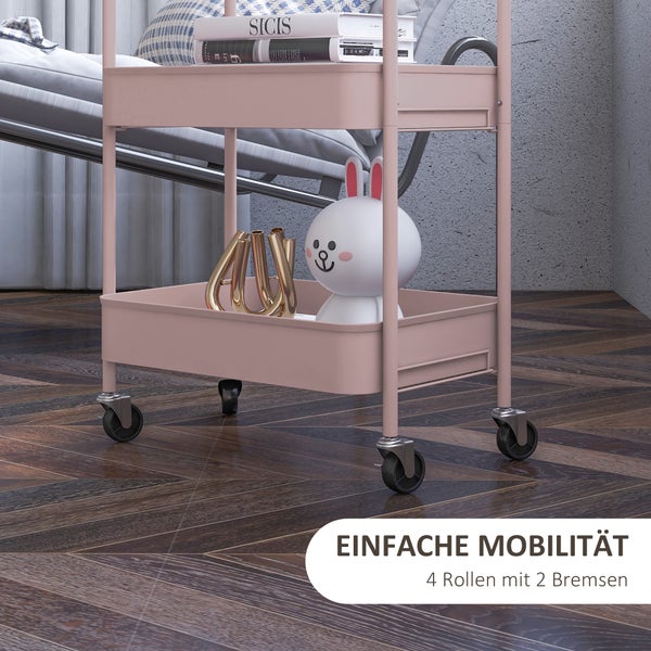 Rosa Servierwagen aus Metall mit vier Rollen und zwei Bremsen für einfache Mobilität.