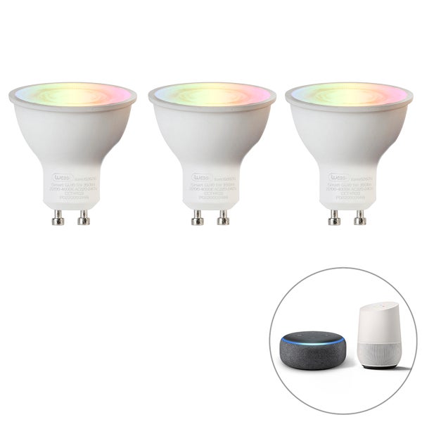 Dreierpack Smart GU10 LED Leuchtmittel, 5 Watt, 350 Lumen, RGB und CCT steuerbar. Kompatibel mit Sprachassistenten wie Alexa und Google Home.