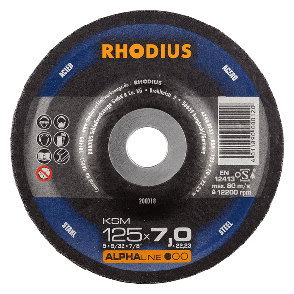 RHODIUS Schruppscheibe KSM, 5 Stück, 125 x 7,0 x 22,23 mm für Stahl, Metall, ALPHAline