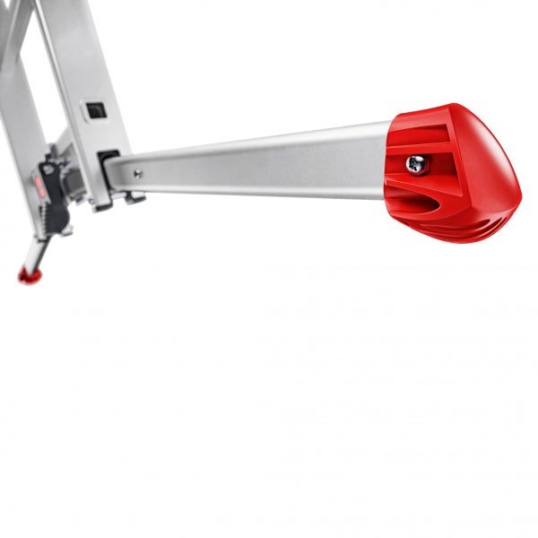 Detailansicht eines Leitersprossenfußes mit roter Anti-Rutsch-Kappe.