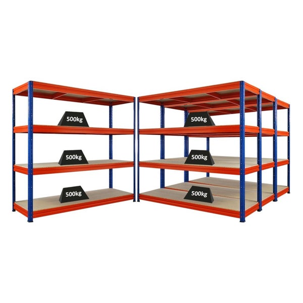 Zwei Schwerlastregale mit jeweils drei Ablagen, geeignet für eine Belastung von 500 kg pro Ablage