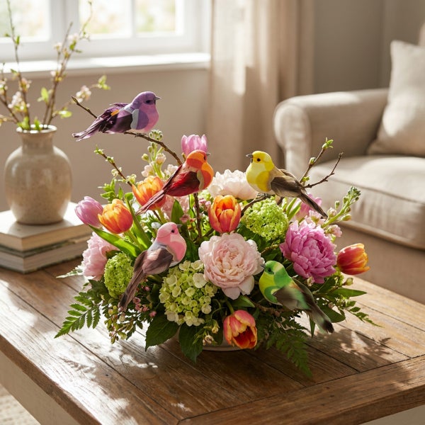 Frühlingshaftes Blumenarrangement mit dekorativen Vogel-Figuren auf einem Holztisch, bestehend aus Pfingstrosen und Tulpen in einer Vase.