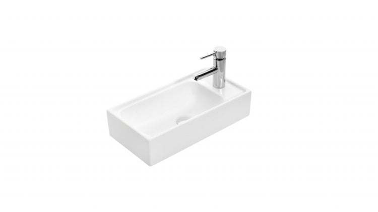 Aufsatzwaschbecken aus Keramik mit Armatur