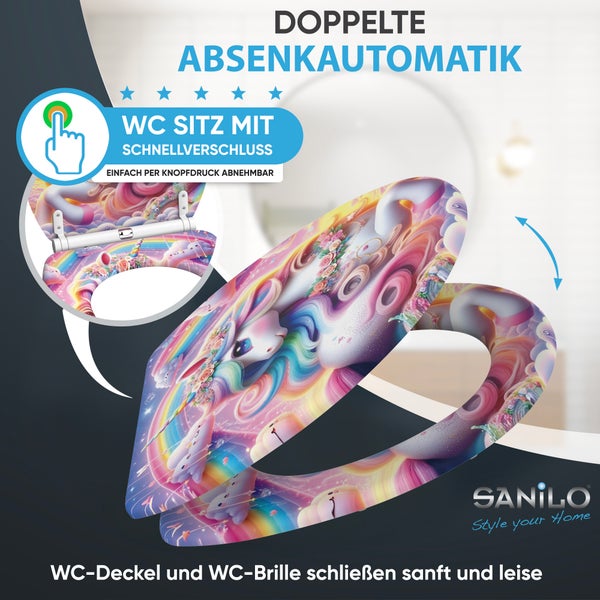 Toilettensitz mit Einhorn Motiv und Absenkautomatik sowie Schnellverschluss zum leichten Abnehmen von Sanilo.