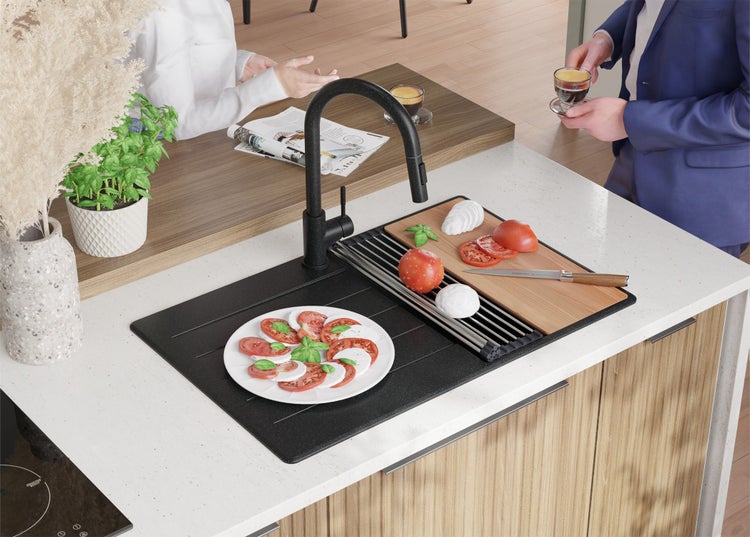 PRIMAGRAN Spülbecken Anthrazit 78x50cm, Granitspüle 1 Becken + Ablauf-Set + Schneidebrett, Küchenspüle ab 45er Unterschrank - Kopenhagen